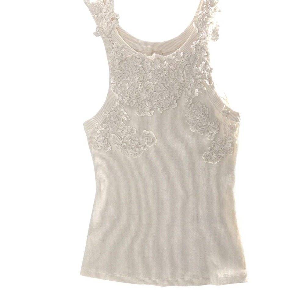 Anthropologie Lace Applique Ribbed Tank Top Cream Ivory High Neck XS Slim Fit - Picture 6 of 10